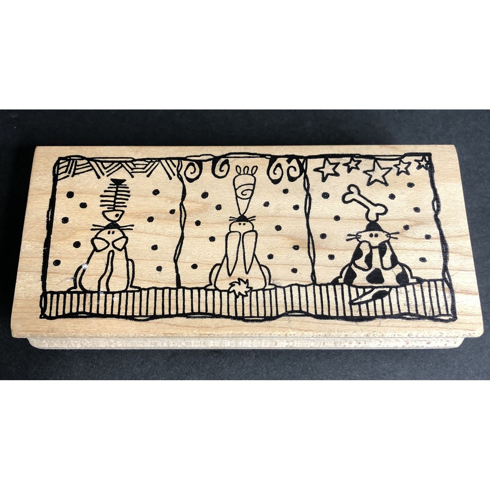 Magenta Rubber Stamp Animals with Food Noses Dog Bunny Cat Wood Mounted Easter